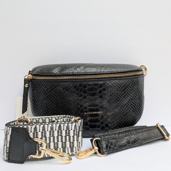 Italian Leather Animal Print Fanny Pack | Black Crossbody Waist Bag Real Leather - Picture 1 of 9